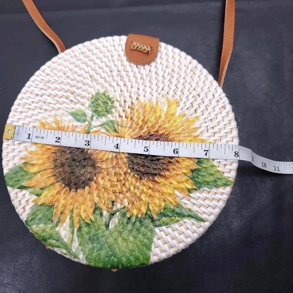 Sunflower 100% Rattan Round Crossbody Bag - Picture 5 of 8